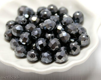 Gray Czech Fire Polished Beads: 8mm Metallic Hematite Faceted Round (20)