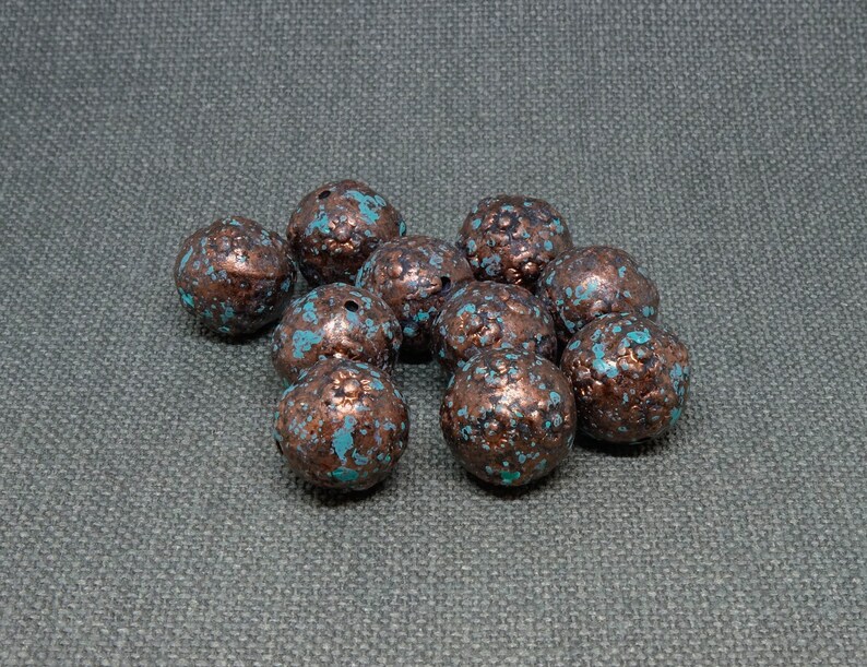 8pc 16mm Acrylic Beads Verdigris Large Round Plastic Beads turquoise blue cupper metallic with black patina antique lightweights shimmer image 2