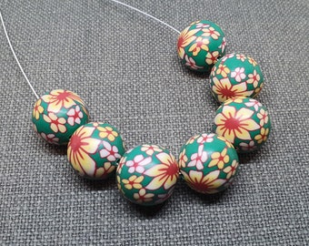 Polymer Clay Round Beads, Spring Green with Flowers (10, 14mm)