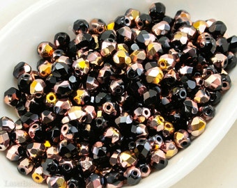 4mm beads. Black faceted Czech glass. 50pc opaque round last