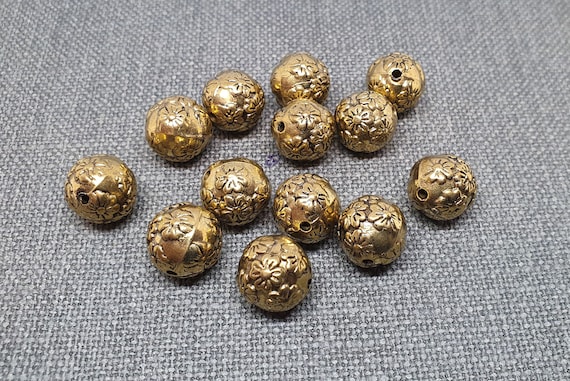 Large Hollow gold beads 10pc 13mm Acrylic Beads with flowers Round Plastic  Beads with black patina antique gold yellow lightweights shimmer