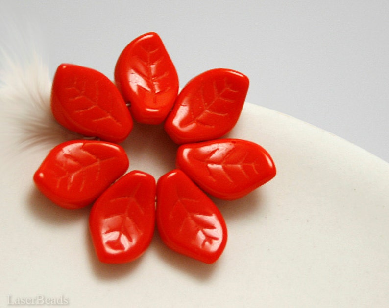15mm Opaque Red leaves Czech Glass Leaf Beads 16pc Pressed Petal image 1