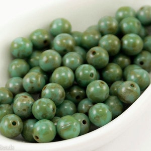 6mm Round Beads (50) Green Blue Glass Pressed Druk Czech Picasso