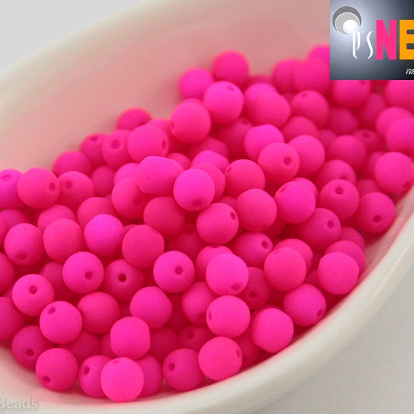 Neon Hot Pink Beads 4mm UV active (100) Czech Glass Round Druk Frosted Matte Bright Colorful Pressed Magenta    LAST