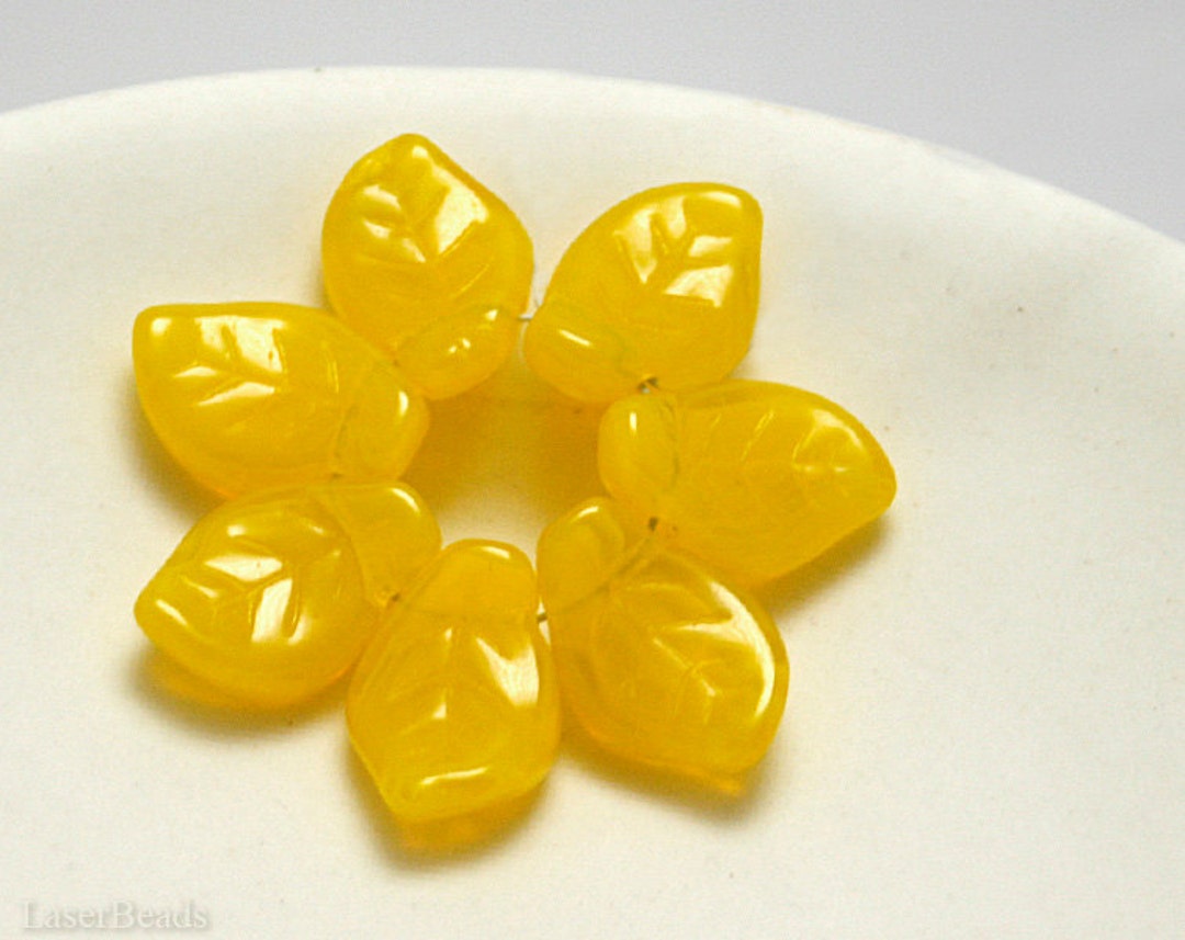 Yellow Czech Glass Leaf Beads 15mm 16 Opaque Pressed Leaves Spring