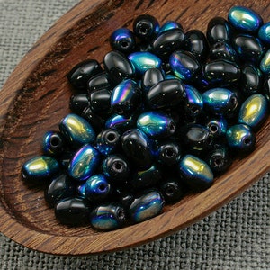 Black Czech Rice Oval Beads 7mm (50pc) Opaque AB Glass last