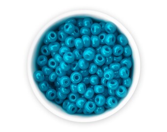 Può includere: Una ciotola bianca piena di perline di semi di colore turchese.