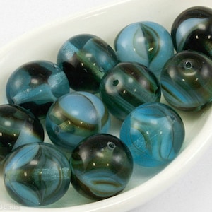 Blue Striped Beads 14mm (8) Pressed Round Druk Czech Large Glass Brown Black