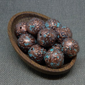 8pc 16mm Acrylic Beads Verdigris Large Round Plastic Beads turquoise blue cupper metallic with black patina antique lightweights shimmer image 3
