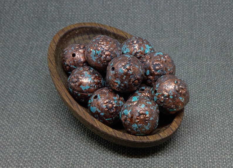 8pc 16mm Acrylic Beads Verdigris Large Round Plastic Beads turquoise blue cupper metallic with black patina antique lightweights shimmer image 3