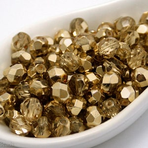 6 mm Gold Perlen facettiert Böhmisches Glas 35 Stück feuerpolierte runde Glasperlen czechbeads