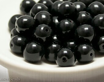 Black Round Czech Glass Beads 11mm (6) Pressed Druk Opaque Jet Large Big