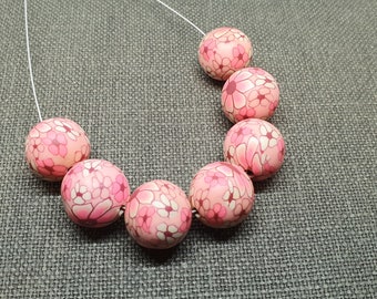 Pink Polymer Clay Beads: 14mm Round Beads with White Flowers (10)