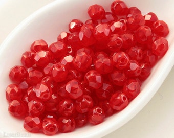 Red glass beads 6mm 35pc, Round Czech beads faceted sphere balls fire polished