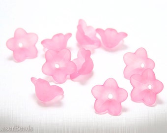 Pink Acrylic Flower Beads 12mm (16) Bell Caps Lucite Frosted Matte Candy Pink Spring