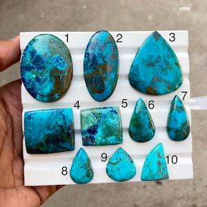 Puede incluir: Una colección de diez piedras preciosas de crisocola pulidas en varias formas, incluyendo ovaladas, de lágrima y cuadradas. Las piedras muestran una vibrante mezcla de tonos azules y verdes con vetas marrones, sobre un fondo blanco.