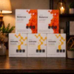 May include: Five rectangular product boxes arranged in two rows. The top two boxes feature orange abstract patterns and black text, while the bottom three boxes display yellow abstract patterns and black text. All boxes have white backgrounds.