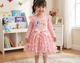 Bluey Cartoon Butterfly Dress for Girls, Long Sleeve Fall Birthday Princess Dress, Cute Baby Girl Outfit 2T-6T