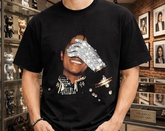 King of Pop MJ Inspired Rhinestone Shirt, Hand Applied Iridescent Crystal Tee, Music Legend Fan Gift