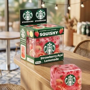 K&ouml;nnte beinhalten: Eine gr&uuml;ne Pappschachtel mit dem Starbucks-Logo und dem Text Strawberry Acai Lemonade Squishy. Darin befindet sich ein durchsichtiger rosa W&uuml;rfel, gef&uuml;llt mit Erdbeer- und Zitronenst&uuml;cken. Ein passender rosa W&uuml;rfel steht auf dem Tisch.