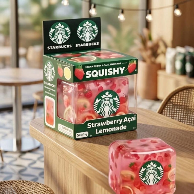 K&ouml;nnte beinhalten: Eine gr&uuml;ne Pappschachtel mit dem Starbucks-Logo und dem Text Strawberry Acai Lemonade Squishy. Darin befindet sich ein durchsichtiger rosa W&uuml;rfel, gef&uuml;llt mit Erdbeer- und Zitronenst&uuml;cken. Ein passender rosa W&uuml;rfel steht auf dem Tisch.