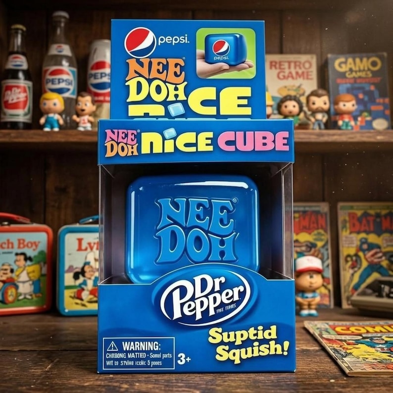 K&ouml;nnte beinhalten: Ein blaues Nee Doh Nice Cube Fidget-Spielzeug in der Originalverpackung. Die Schachtel zeigt oben das Pepsi-Logo und unten das Dr Pepper-Logo. Die Verpackung enth&auml;lt den Text Nee Doh Nice Cube und Suptid Squish sowie ein Warnetikett.