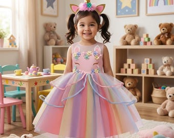 Girls Unicorn Princess Costume Set, Rainbow Tutu Dress with Wings, Cute Halloween and Birthday Party Outfit