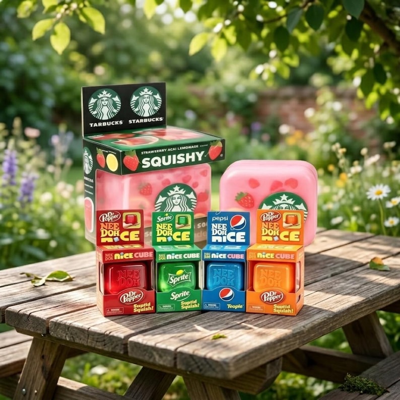 K&ouml;nnte beinhalten: Eine Sammlung von Marken-Squishy-Spielzeugen, bestehend aus einer gro&szlig;en rosa Starbucks-Box mit Erdbeer-A&ccedil;a&iacute;-Limonade und vier kleineren Einzelboxen von Dr. Pepper, Sprite, Pepsi und Dr. Pepper, die jeweils ein buntes quadratisches Squishy enthalten.