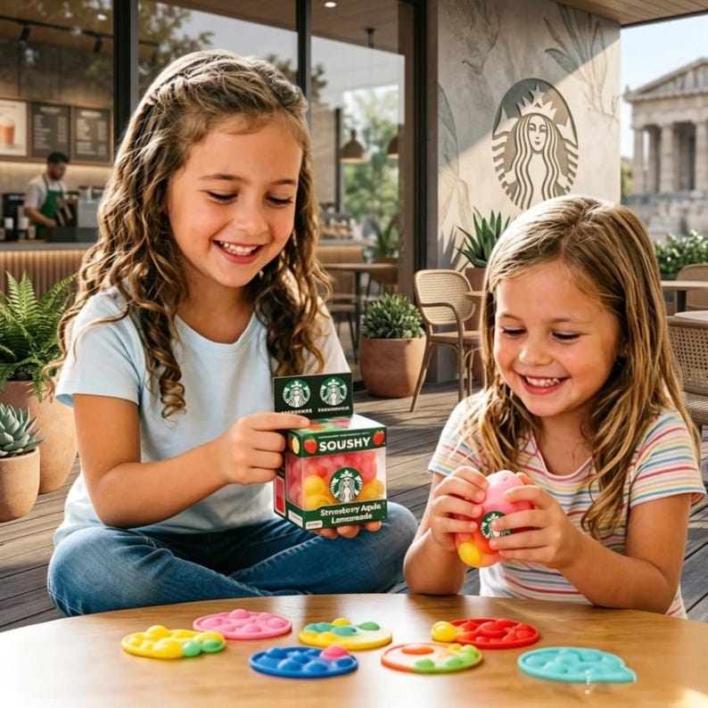 K&ouml;nnte beinhalten: Eine quadratische Schachtel mit der Aufschrift SOUSHY, die fruchtf&ouml;rmige Silikon-Fidget-Spielzeuge enth&auml;lt, mit dem Starbucks-Logo auf der Verpackung. Mehrere runde, mehrfarbige, strukturierte Silikon-Sensorscheiben liegen auf einem Holztisch.
