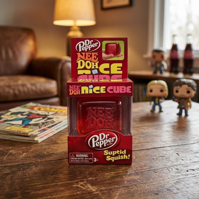 K&ouml;nnte beinhalten: Ein Dr Pepper Nee Doh Nice Cube Sensorik-Spielzeug in einer durchsichtigen Kunststoff-Verpackung. Die Verpackung zeigt das Dr Pepper Logo, den Text Nee Doh Nice Cube und den Schriftzug Suptid Squish. Das Spielzeug ist ein roter, transparenter W&uuml;rfel.