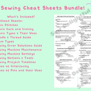 Sewing Cheat Sheets | Printable Beginner Sewing Guide PDF | Stitches, Fabric Care & Machine Settings Reference Charts