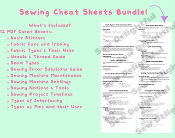 Sewing Cheat Sheets | Printable Beginner Sewing Guide PDF | Stitches, Fabric Care & Machine Settings Reference Charts