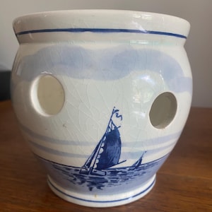 Vintage Delft Blauw Bulb Planter: Hand-Painted Dutch Windmill Orchid Pot