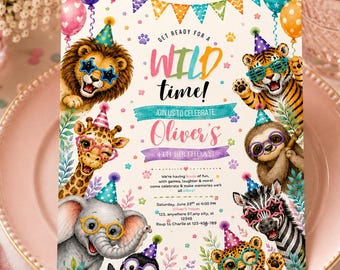 Invitación de primer cumpleaños con temática de safari, invitación de cumpleaños con animales para fiestas, cumpleaños con temática de animales salvajes, invitación de cumpleaños con temática de la jungla, fiesta de animales de la jungla, plantilla de Canva
