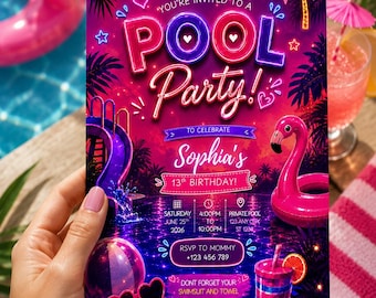 Invitación de cumpleaños editable con temática de piscina neón, invitación para nadar con brillo neón, cumpleaños de verano en la piscina, plantilla de Canva