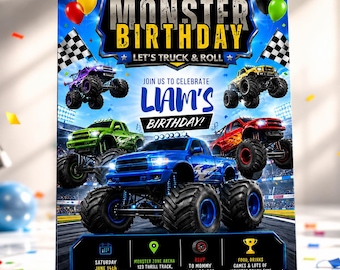 Plantilla editable de Canva para invitación de cumpleaños con temática de monster trucks, invitación de monster trucks, invitación para fiesta de camiones, descarga digital instantánea.