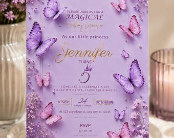 Invitación de cumpleaños editable con mariposas, fiesta de mariposas para niñas, mariposa morada, invitación de cumpleaños digital, plantilla descargable de Canva