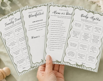 Babyshower-spelpaket, utskrivbara babyshower-spel, neutrala babyströsselaktiviteter, roliga enkla babyshower-spel