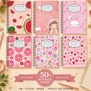 May include: Six spiral-bound composition books with pink covers featuring various patterns including watermelon slices, a girl with sweets, a white bunny, pink donuts, colorful flowers, and red hearts, each with a white label for writing.