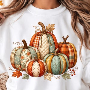 Könnte beinhalten: Ein weißes Langarm-Sweatshirt mit einer zentralen Grafik aus fünf Kürbissen in verschiedenen Mustern, darunter Karos, Blumen und gesteppte Texturen in Orange-, Grün- und Cremetönen, akzentuiert durch kleine Herbstblätter und Beeren.