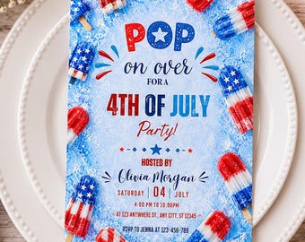 Plantilla de invitación para el 4 de julio, invitación para el Día de la Independencia de EE. UU., invitación para fiesta de verano, invitación editable para barbacoa en Canva, Cuatro de Julio