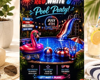 Invitación editable para fiesta en la piscina del Día de la Independencia, 4 de julio. Plantilla editable para descargar al instante.