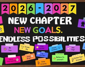 Kit para tablón de anuncios de regreso a clases 2026-2027, cartel "Nuevo capítulo, nuevas metas", decoración para el aula (imprimible)