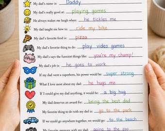 Cuestionario imprimible "Todo sobre mi papá", actividad para el Día del Padre, página para colorear para completar, regalo DIY para papá, descarga en PDF para niños