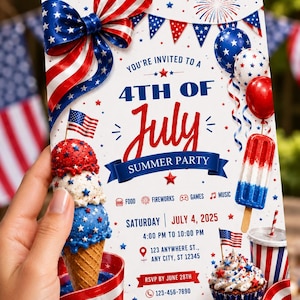 May include: A festive 4th of July party invitation with patriotic red, white, and blue elements. The invitation features a bow, balloons, and a popsicle. The text reads "You're invited to a 4th of July Summer Party."