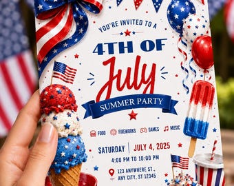 Plantilla de invitación para el 4 de julio, invitación para el Día de la Independencia de EE. UU., invitación para fiesta de verano, invitación editable para barbacoa en Canva,