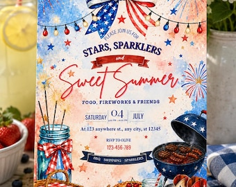 Plantilla de invitación para el 4 de julio, invitación para fiesta patriótica, invitación para el Día de la Independencia de EE. UU., invitación editable para barbacoa en Canva, celebración del 4 de julio