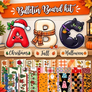 以下が含まれることがあります： クリスマス、秋、ハロウィンをテーマにした文字A、B、Cの掲示板キット。Aはサンタ帽、Bはチェック柄のマフラーを身につけ、Cは黒猫の形をしています。下部にはラベルと様々なパターンの紙の帯が並んでいます。