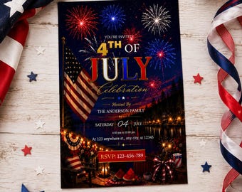 Invitación a fiesta patriótica del 4 de julio en EE. UU., invitación del 4 de julio, invitación a celebración patriótica, invitación del Día de la Independencia, plantilla de Canva