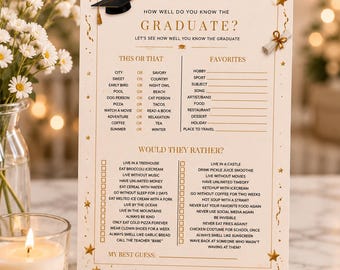 Plantilla de folleto de actividades de graduación, el mejor juego para fiestas de graduación, imprimible "¿Cuánto sabes sobre la graduación?", juegos para fiestas de graduación 2026